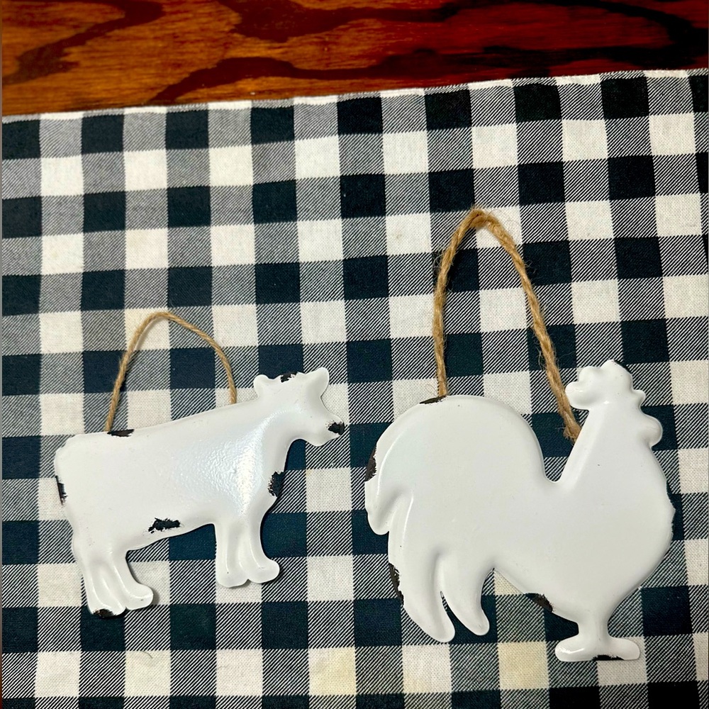 Set of Rooster and Cow Etched Metal Hanging Decor